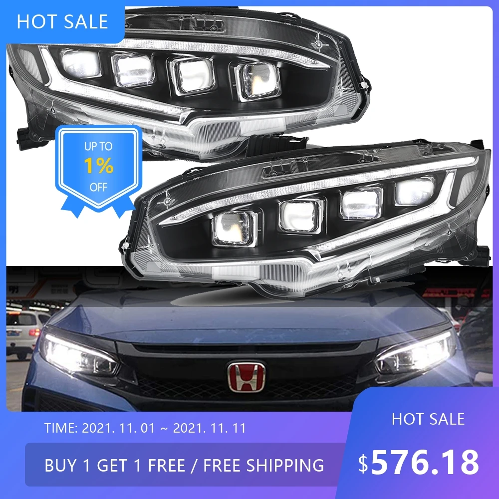 

Автомобильный бампер, фара для honda-civic, 2016 ~ 2019y, светодиодные автоаксессуары, спрятанная лампа, передняя фара honda-civic, противотуманная фара