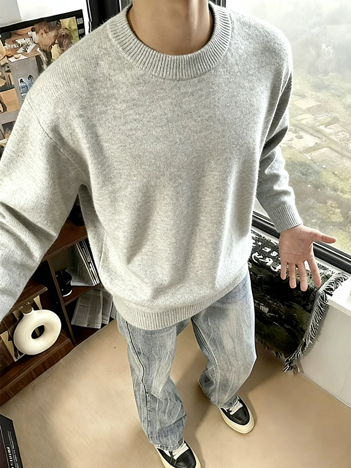 

Cleanfit Men's Fce Lined Knitwear round Ne Thiened Winter Sweater Comfortable Loose Fit Inner Wear Base irt ey