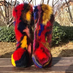 Womens Round Toe Knee Thigh Boots Real Fox Fur Furry Hidden High Heel Warm Winter Snow Shoes Rainbow Colors New 2024