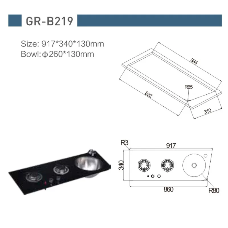 Tempered glass stainless steel gas stove with sink RV yacht 917 * 340 * 130mm