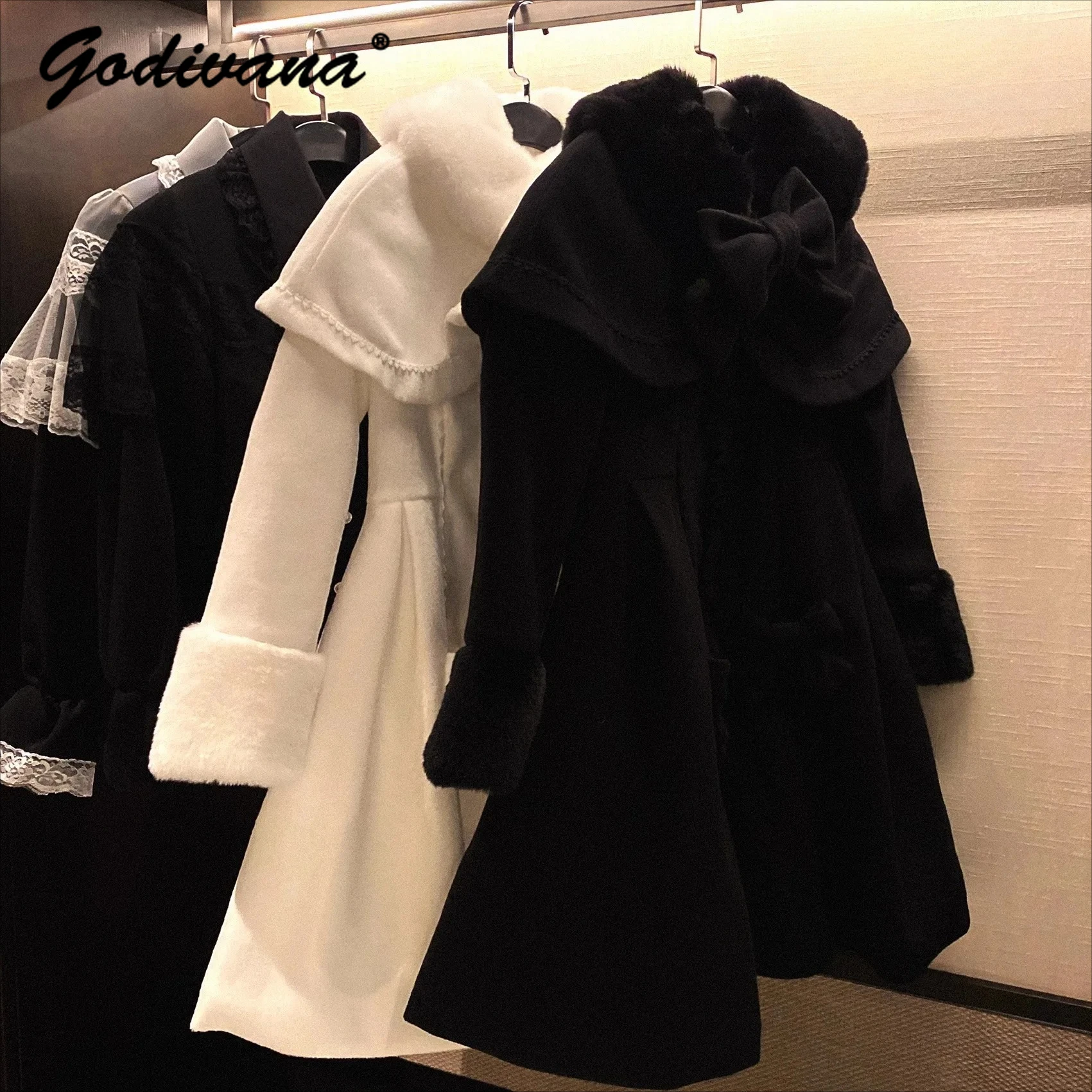 เสื้อคลุมขนสัตว์แบบถอดได้สำหรับผู้หญิงและเด็กผู้หญิง สไตล์หวาน ประดับโบว์ ทรงเข้ารูป กระดุมแถวเดียว สไตล์โลลิต้า สำหรับฤดูใบไม้ร่วงและฤดูหนาว