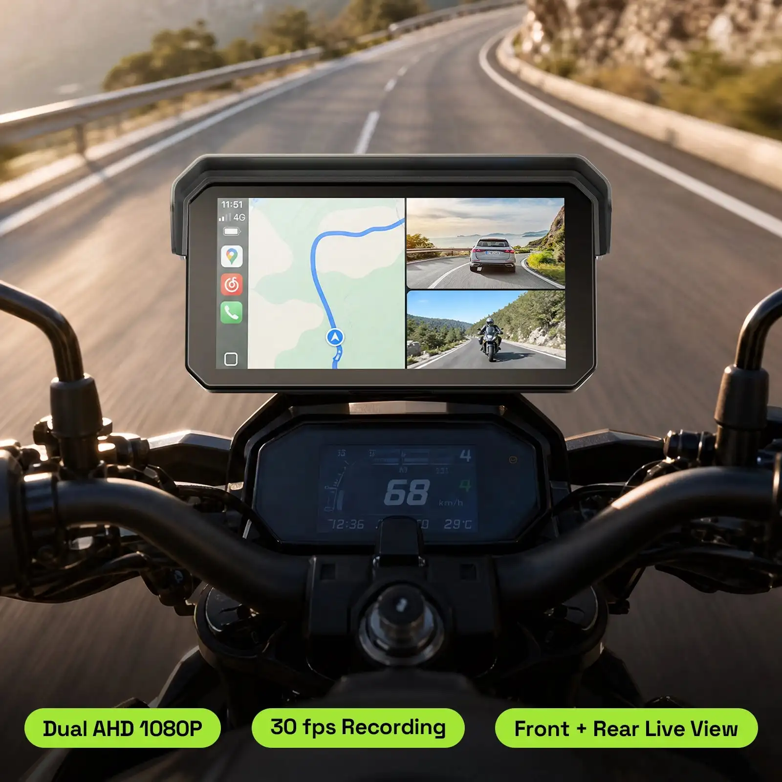 Aoocci C9ProMax 1080P HD Camera for Motorcycle Carplay & Android Auto Front&Rear Camera Waterproof Safe Driving Dash Cam