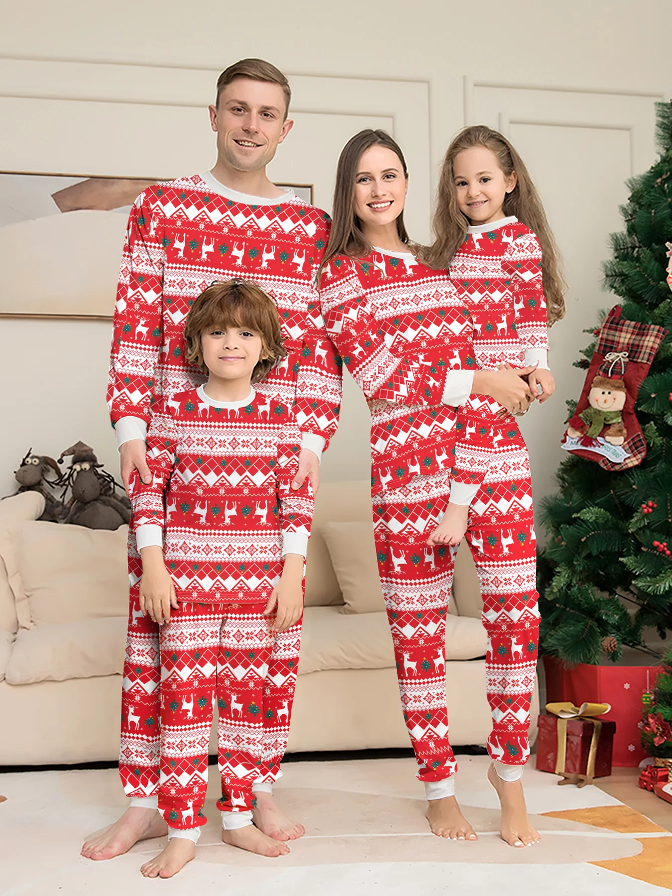 

Christmas Couple Pajamas Set Reindeer Geometric Snowflake Christmas Tree Full Print Red White Sleepwear