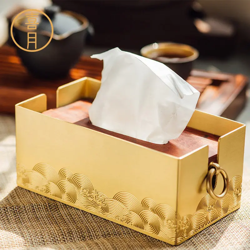 Antique Brass Tissue Box with Mahogany Base,Non-Tarnish Napkin Holder for table,Chinese Style  Room Decor Storage Organizer