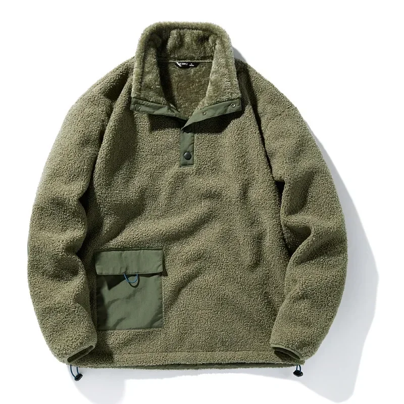 

Pop Autumn Winter Men Sweatshirt Warm Patchwork Pocket Fleece-lined Pullovers Polar Fleece Korean Style Casual Simple Sweatshirt