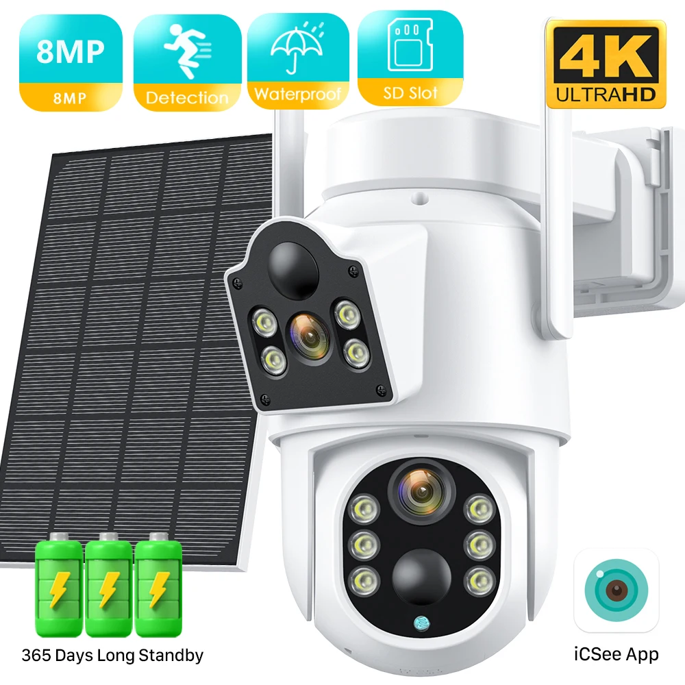 

BESDER 8MP 4K Solar Wirelesss IP Camera With 7800 mAh Battery Outdoor HD 4MP Dual Lens WiFi IP Camara Solar Panel CCTV Security