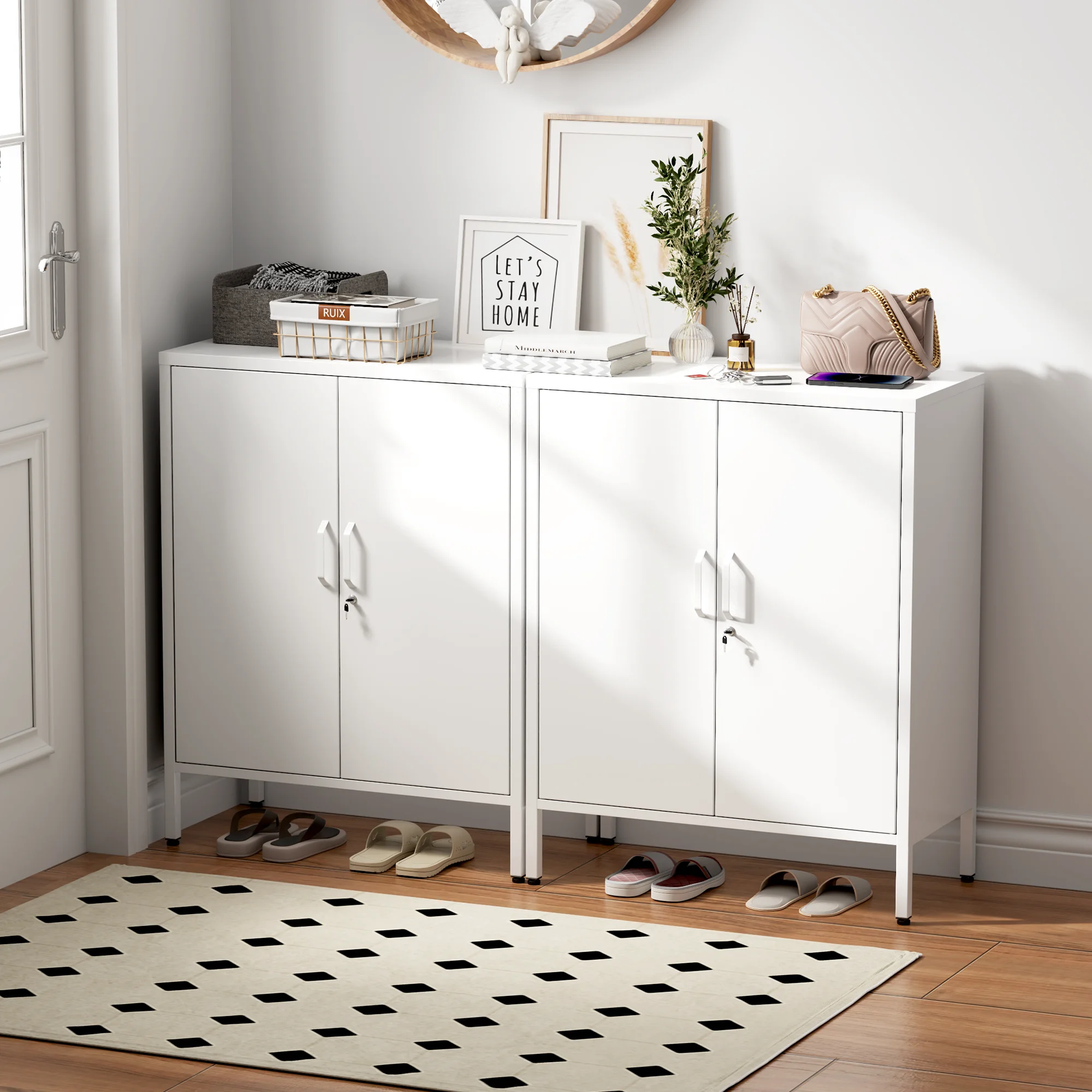 

Modern Metal Shoe Storage Cabinet 2 Doors Multi-functional Space-saving Design for Home Furniture Entryway Hallway Living Room