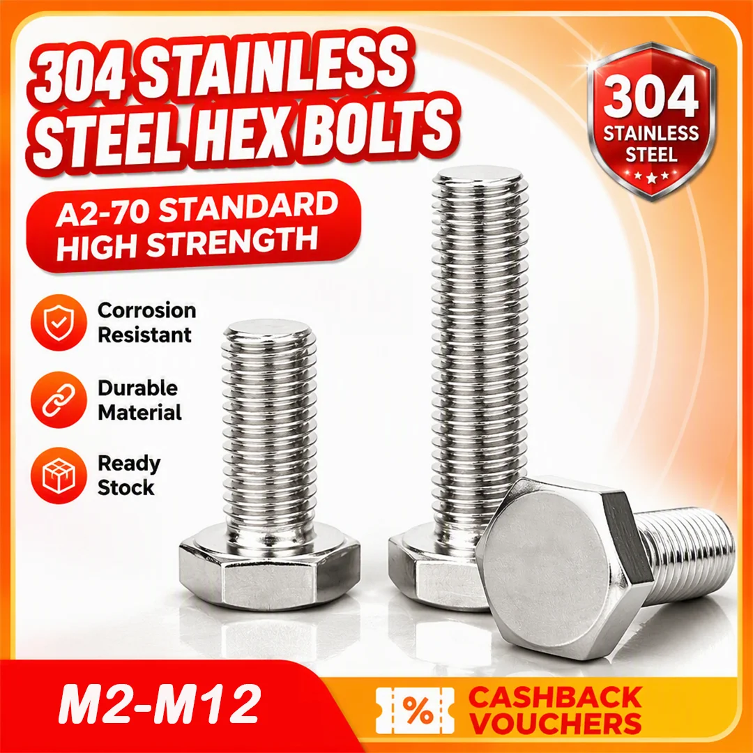 2/5/10/20Pcs DIN933 Full Thread Hex Head Bolts A2-70 304 Stainless Steel External Hex Screws M2-M12