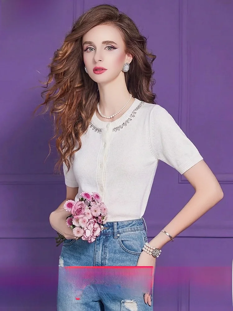 

Блестящая трикотажная футболка с пайетками и коротким рукавом, круглым вырезом, женская, базовая, модная, летняя, повседневная, приталенная, из полиэстера