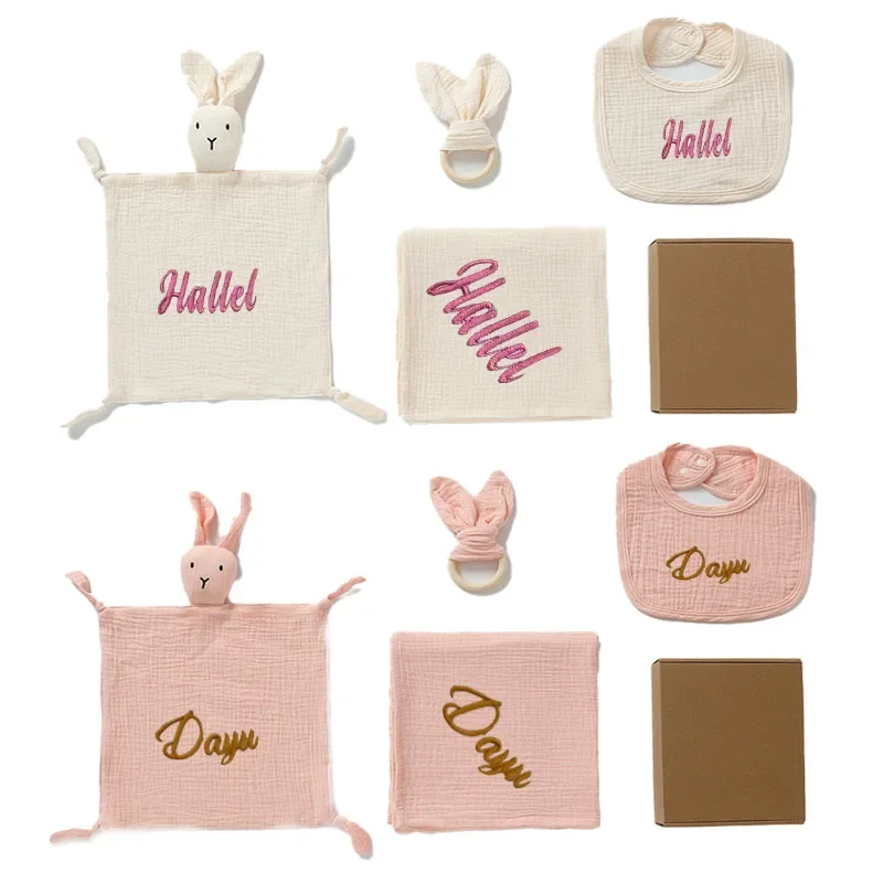 4pcs/Set Personalized Name Muslin Cotton Baby Blanket + Baby Comforter Towels +Baby Teether +Baby Bibs Newborn Gift Sets Gift