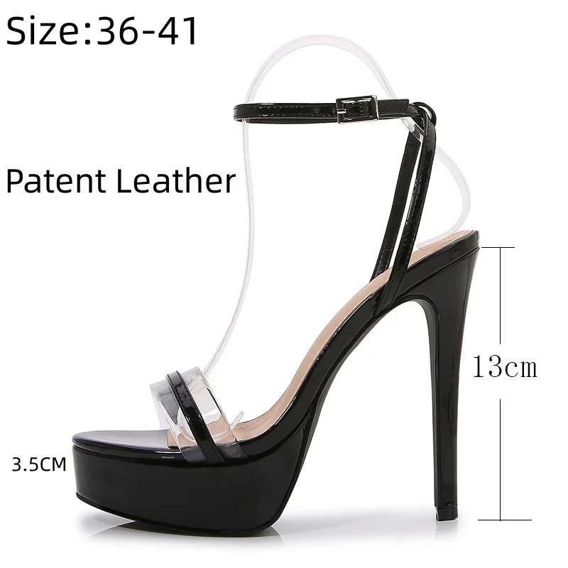 Patent Leather Platform Heels Open Toe Ankle Strap Buckle Clear Strap Stiletto High Heel Party Evening Sandals