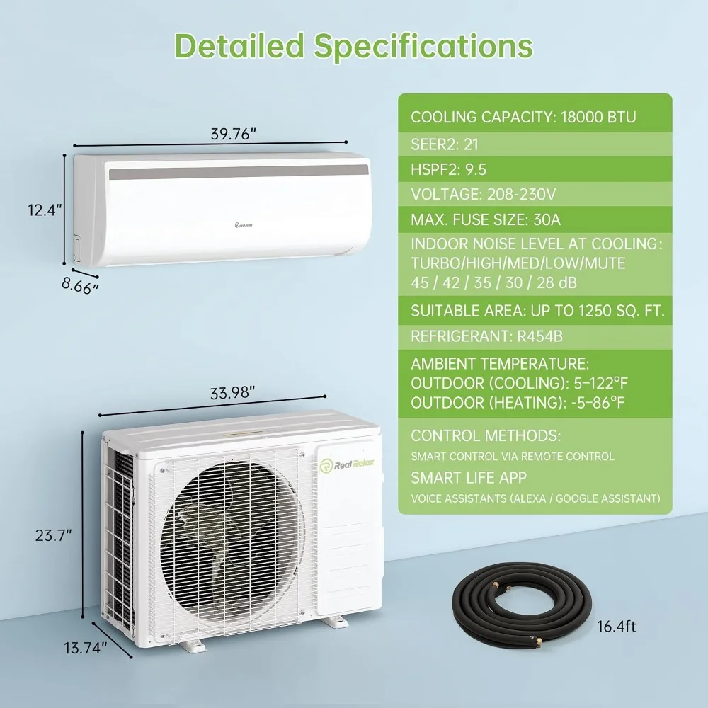 18000 BTU Mini Split AC Heater, 21 SEER2 208-230V Inverter, Cools & Heats 1200 Sq.Ft,WiFi&App Control, R454B Refrigerant, Custom