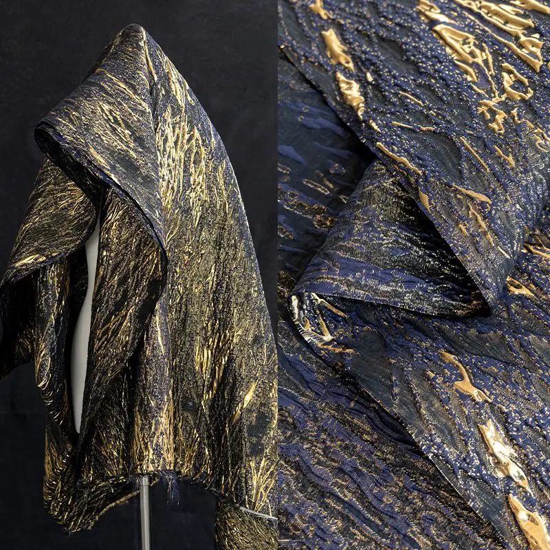 

Blue Gold Three-dimensional Vein Gilded Jacquard Woven Satin with Shiny Heavy Texture and Pleated Silhouette Clothing Fabric