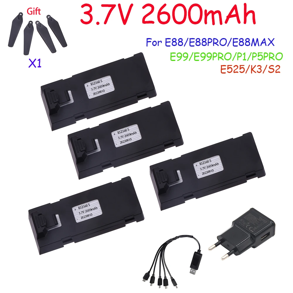 3.7V 2600Mah Battery+Charger RC Drone Accessory For E88 E88PRO E99 K9 Ls-E525 E525PRO Mini Uav Drone Battery Battery Combination