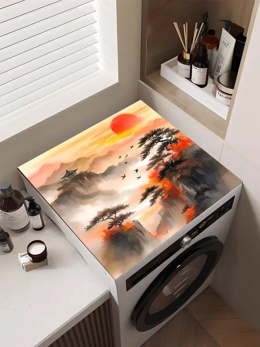 VIKAMA Chinese Landscape Washing Machine Cover Mat Sunset Pine Tree Print Waterproof Anti Dust Laundry Dryer Top Pad Dust Cover