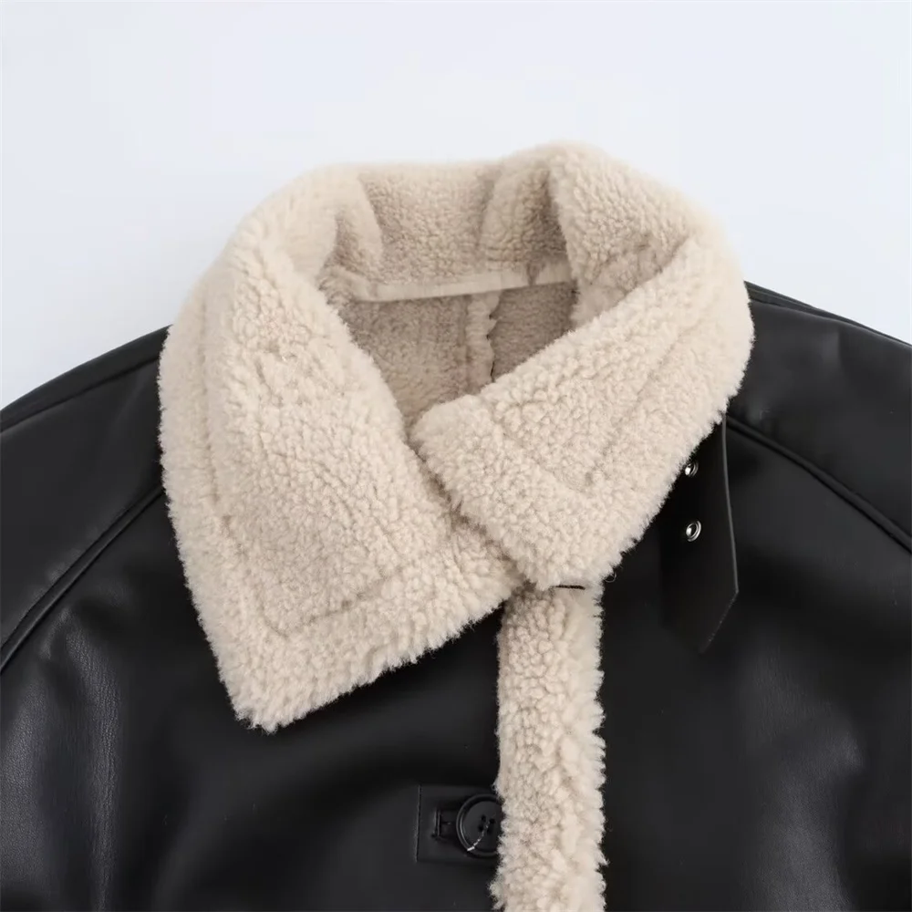 Jesienna Nowość Damska Kurtka z Kołnierzem Efekt Skóry Dwustronna Luźna Uniwersalna Kurtka Płaszcz ze Skóry PU
