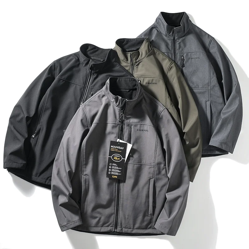 

Profional Outdoor Men's Fce Lined Hooded Stand Collar Windproof Waterproof Casual Jaet Coat Autumn Winter Faion Urb...