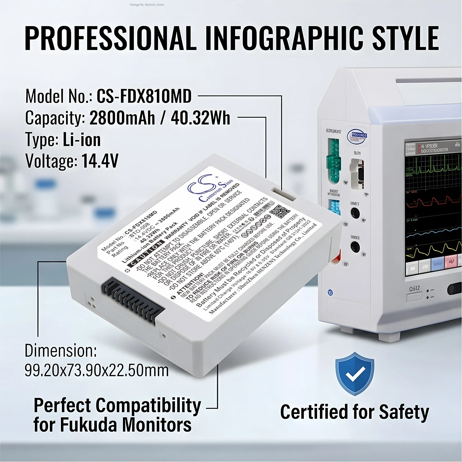 Replacement 14.4V 2800mAh Medical battery BTO-008 for Fukuda Denshi DS8100 Monitor
