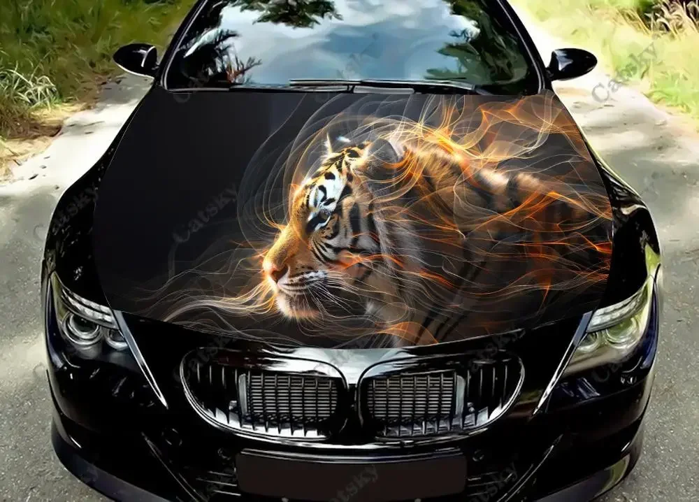 Majestic Tiger With Fire Car Hood Vinyl Stickers Wrap Vinyl Film Engine Cover Decals Sticker Universal Car Hood Protective Film