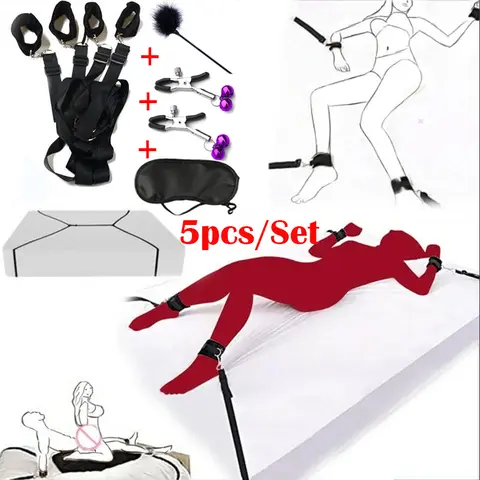 5pcs Set Bed Restraint BDSM Bondage Handcuffs sexxtoy Nipple Clamp Eye Blinder Feather Tickler Kit SM Slave Adult Game Restraints