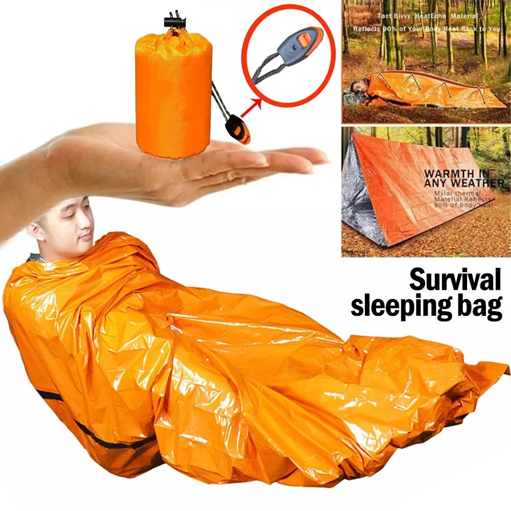 ชีวิตกลางแจ้ง Bivy ถุงนอนฉุกเฉินความร้อนอุ่นกันน้ํา Mylar First Aid ผ้าห่มฉุกเฉิน Camping Survival Gear