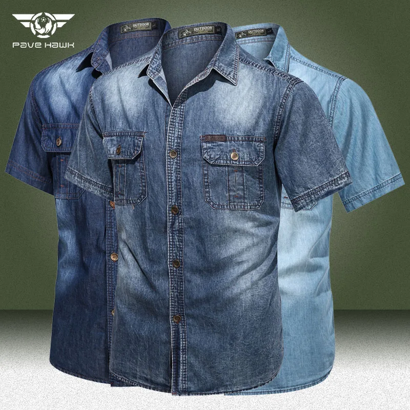 Military Denim Shirts Men Summer Casual Short Sleeve Cargo Cowboy Shirt Male Big Size 5XL Washed Blue Army Shirts Chemise Homme