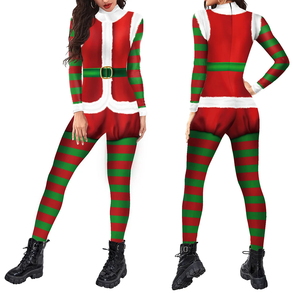 Zawaland Merry Christmas Women Sexy Bodysuit Stripe Printing Party Fashion Cosplay Costume Long Sleeve Slim Funny Jumpsuits