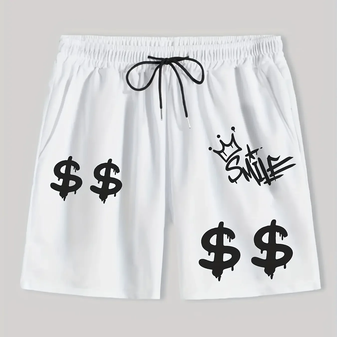 Drip Money Symbol Crown Smile Letter Print Men Casual Shorts White Elastic Drawstring Waist Lightweight Streetwear Bottoms