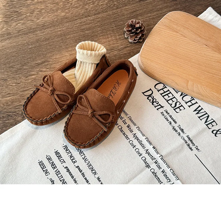 Kid Shoe 2025 Spring New Bow Tie Boy Shoes Soft Soled Bean Shoe Fashion Loafers Comfortable Casual Shoes Party Dresses for Boy