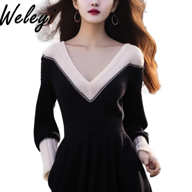 Cute Fashion Jersey Dress for Women Autumn Kawaii Ropa De Mujer Sukienki French Muse Fan Atmospheric Contrasting Knitted Dresses