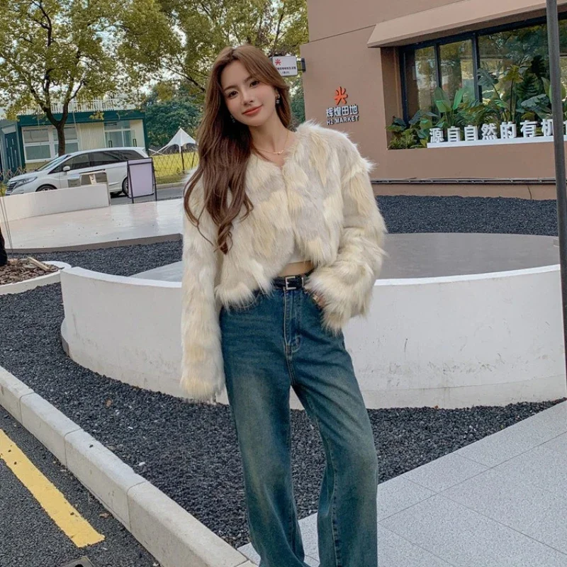 معطف فرو الثعلب القصير المقلد ملابس نسائية للخريف والشتاء ملابس فروي ملابس أوروبية وأمريكية