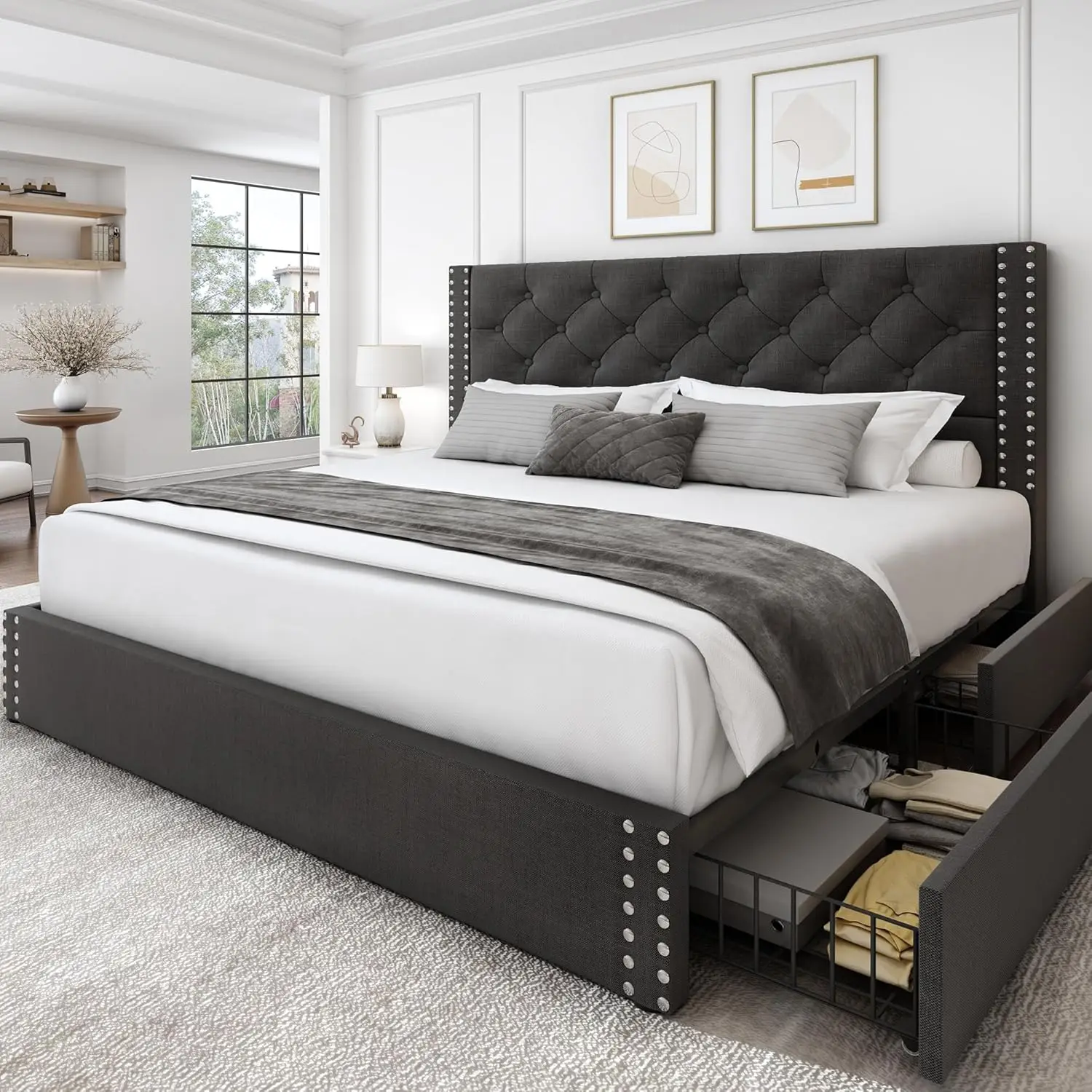 Queen Size Platform Bed Frame 4 Storage Drawers Headboard Linen Upholstered Tufted Beds Wood Slats Support Noise-Free Dark Grey