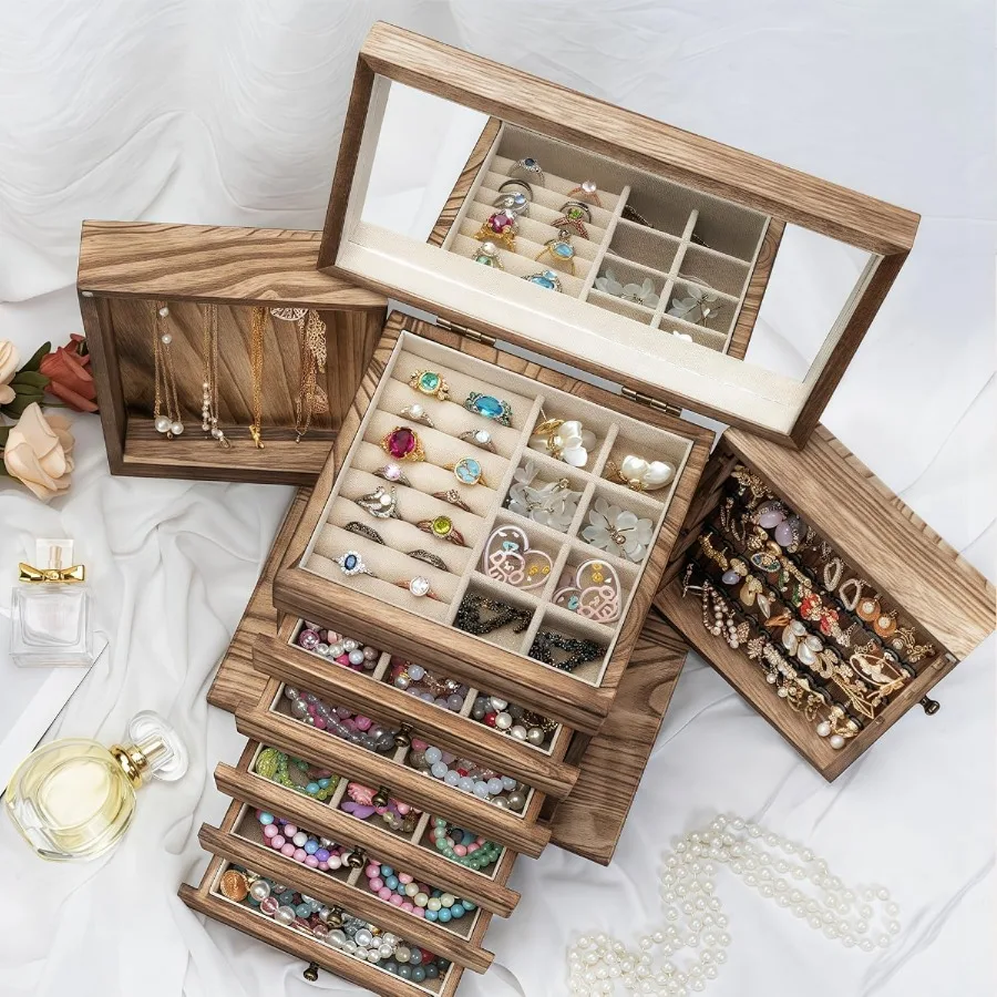Wooden Jewelry Box for Women 6-Tier Large Jewelry Organizer Boxes with Mirror Rustic Solid Wood jewlery Storage Display for Rin
