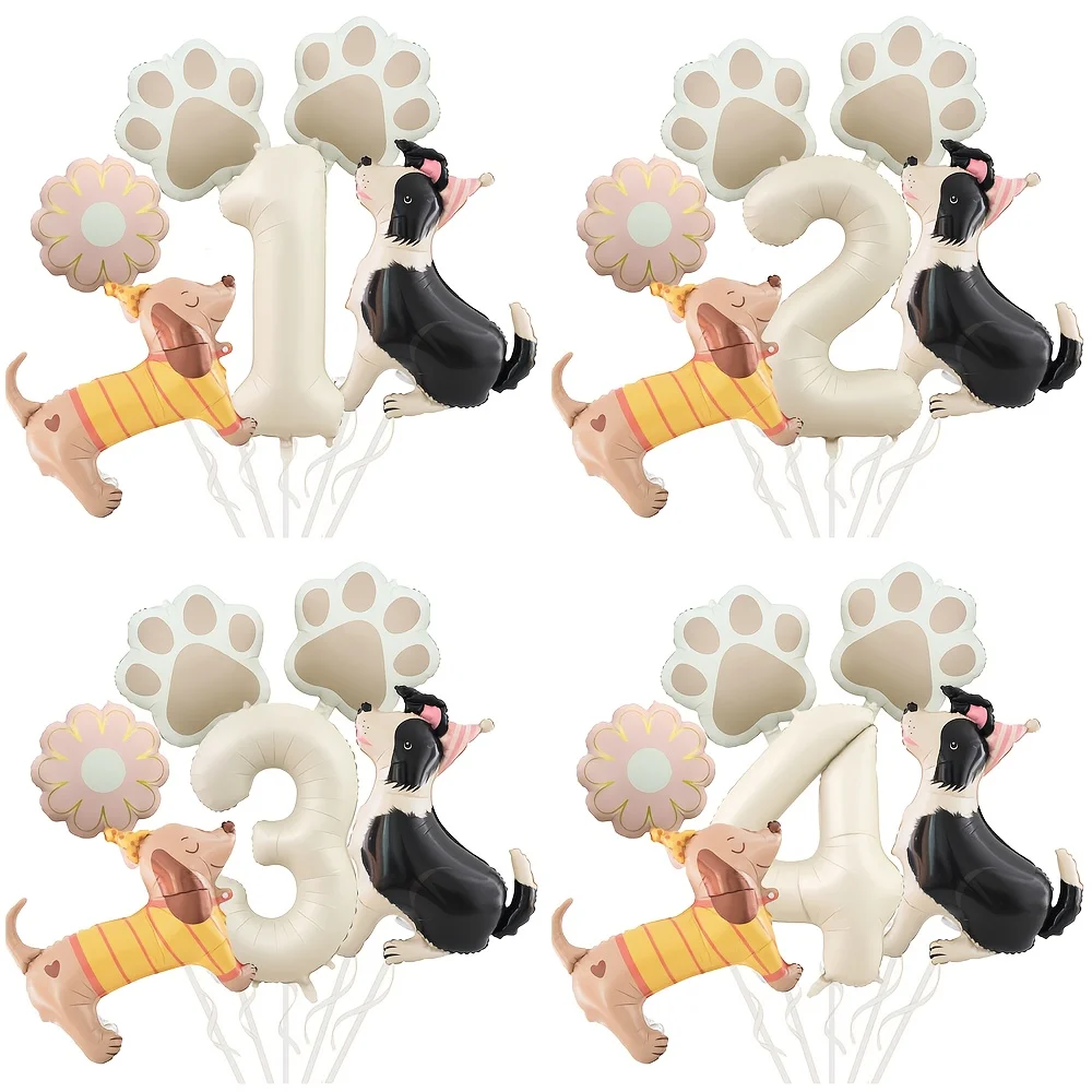 6-teiliges Set Niedliche Hunde-Themenballons mit Dackeln und Schäferhunden Cremeweiße Nummernballons 1-9 Geburtstagsparty-Dekoration