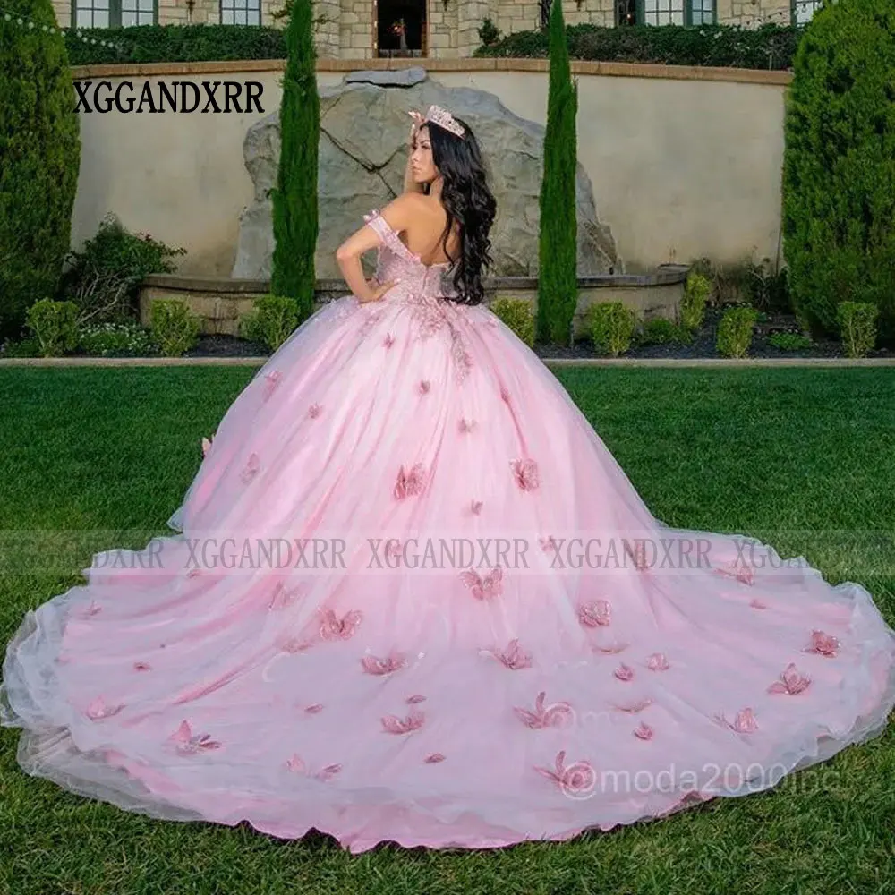 XGGandXRR New Pink Mexican Quinceanera Dress 2024 Ball Gown Princess Sweet 16 Dress 3D Butterfly Appliques Vestido De XV Anos