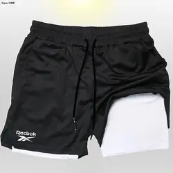 Double Layer Shorts Men's Brand Print Gym Casual Sports Compression Shorts Running Mesh 2-in-1 Sports Shorts