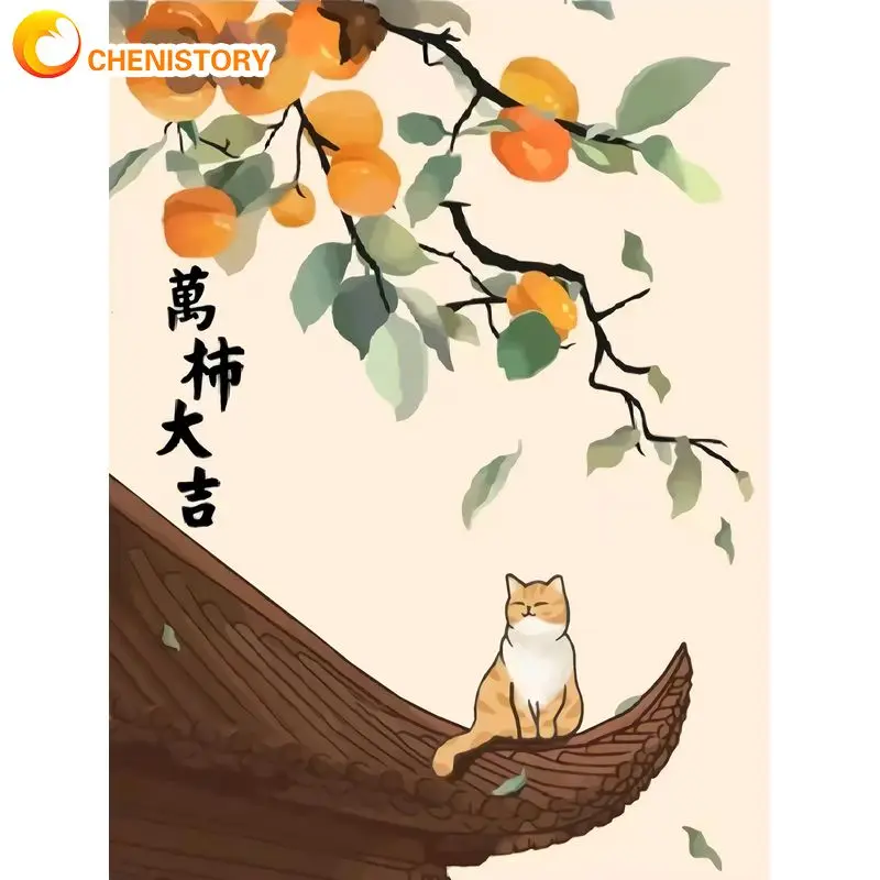 CHENISTORY Modern Painting By Numbers Persimmon Fruits Chinese Blessing Apple Cat Wall Arts Simple Style Gift For Adults Kids