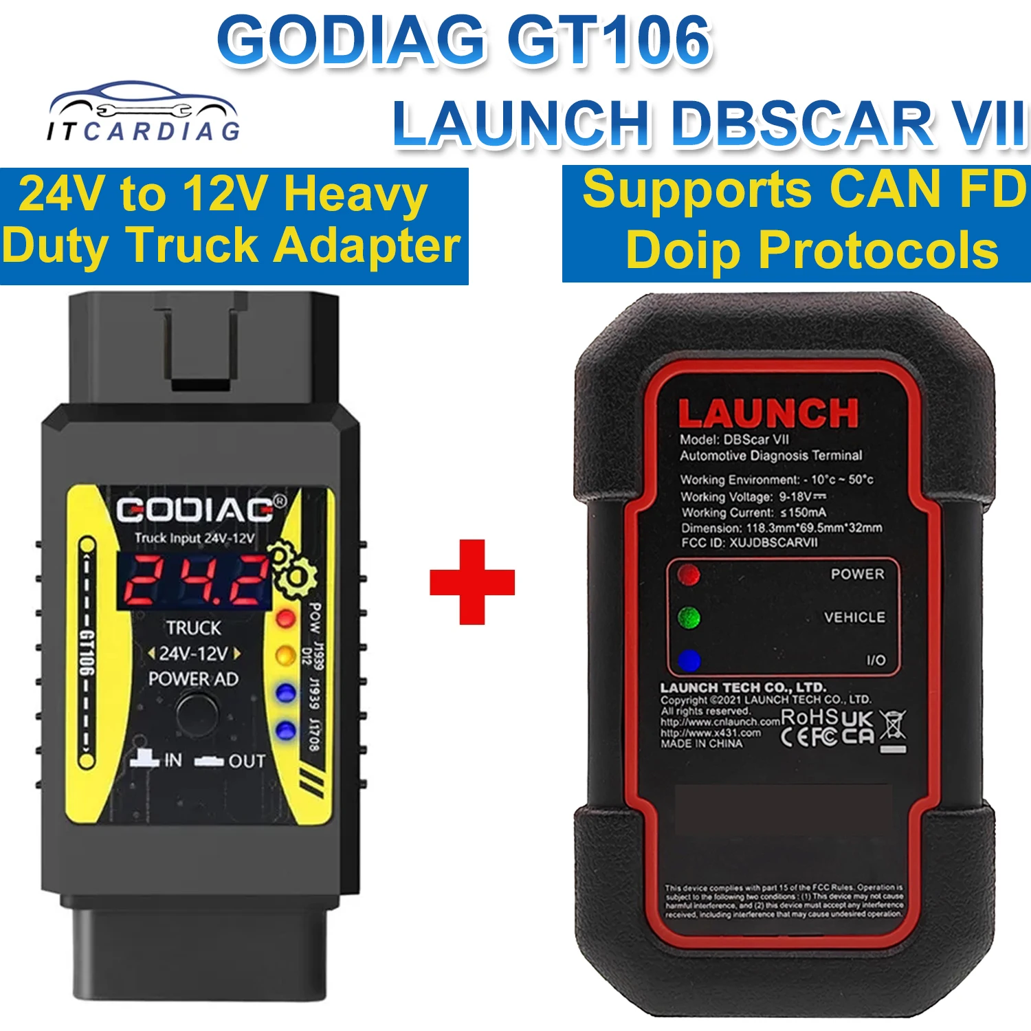 

Launch X431 DBScar VII DBScar7 GODIAG GT106 24V to 12V K-line Heavy Duty Truck Adapter Support Doip CAN FD Protocol