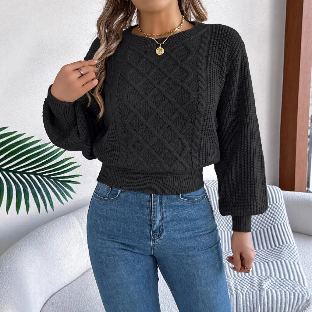 

Autumn Winter Long Sleeve Knitted Sweater Waist Cinched Overhead Style In Pure Color For Women Fashion