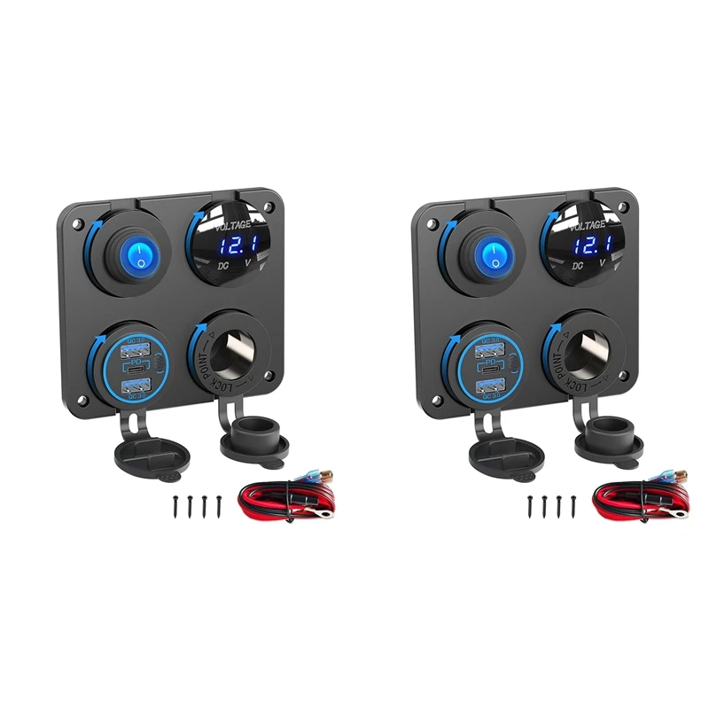 

2X Marine Boat RV 12V Charger Socket Panel, 4 In 1 DC Power 12V Outlet Panel Multi USB Fast Charger With Toggle Switch