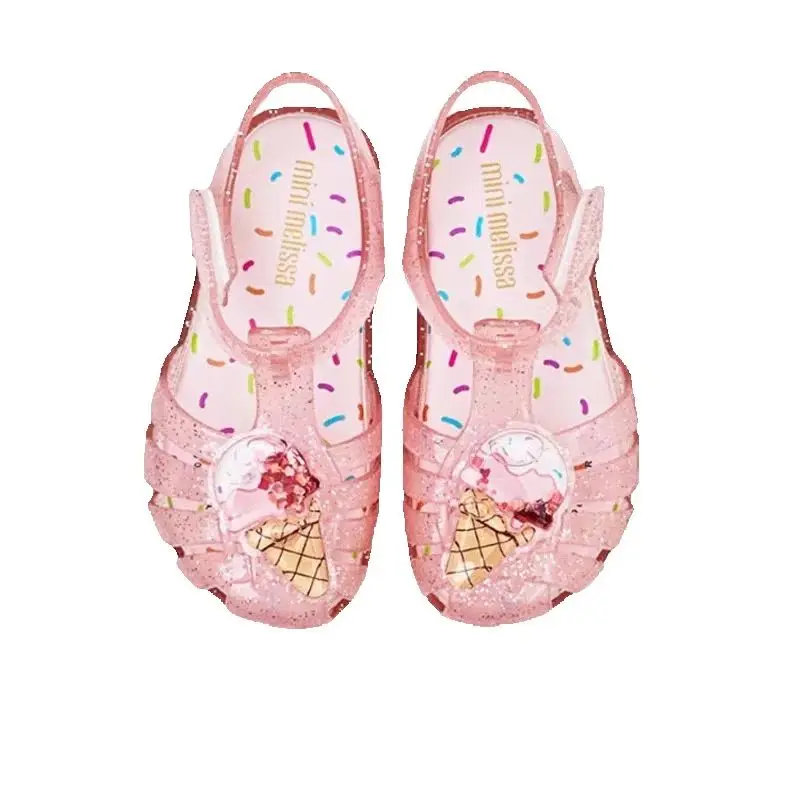 Mini Melissa Cute Solid Ice-cream Decor Open Toe Sandals For Girls, Breathable Lightweight Sandals For Indoor Outdoor Beach Shoe