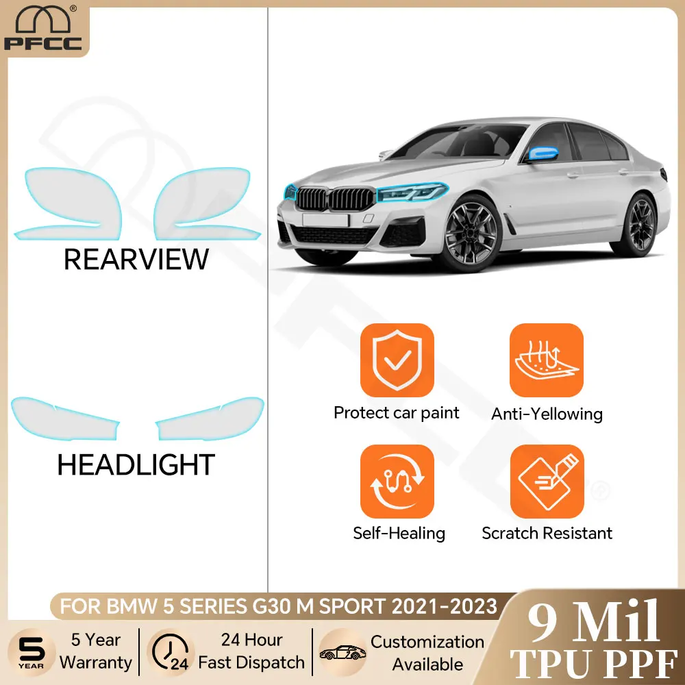 

For BMW 5 Series G30 M Sport 2021-2023 Pre-cut PPF Clear Bra Headlight Rearview TPU Paint Protection Film Anti-scratch Resistant