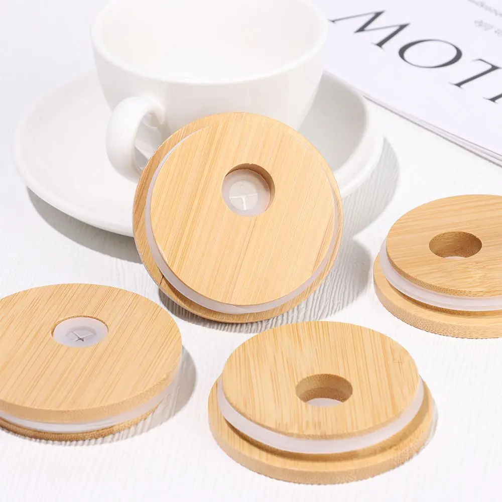 Reusable Bamboo Wood Wide Mouth Cup Eco Covers Cap Lids With Straw Hole Smoothies Canning Storage Bottles Mason Jar Lid