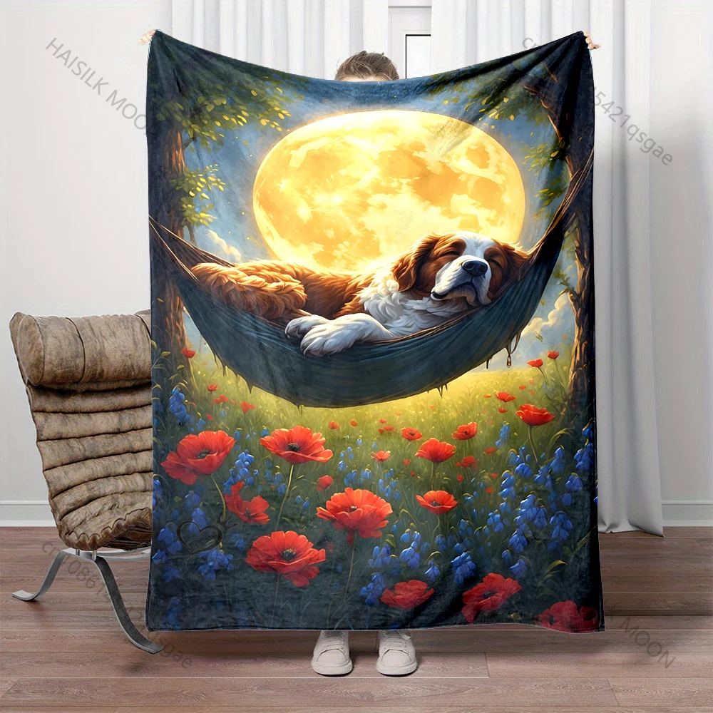 Dog in hammock under moonlit flowers Print Adult Children Warm Blanket Home Travel Car Soft Comfortable Suitable for all seasons