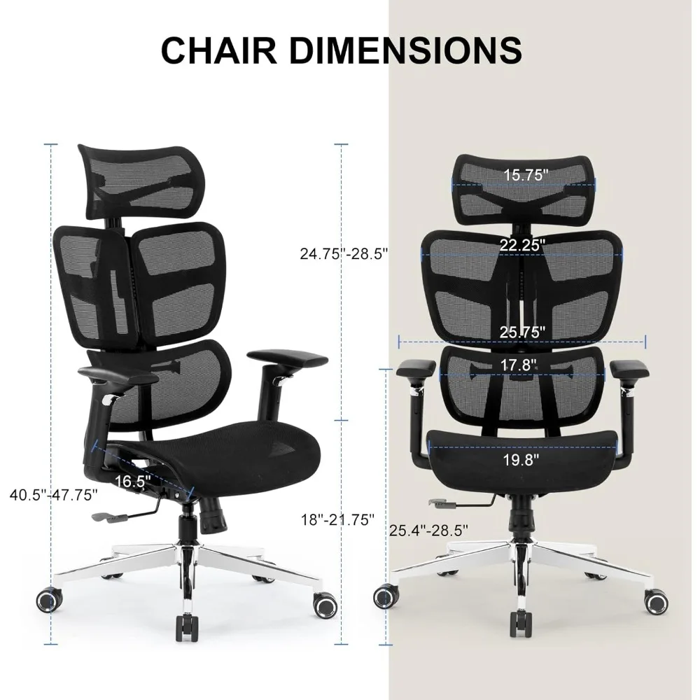 كرسي مكتب مريح، كرسي كمبيوتر شبكي كبير وطويل مع دعم قطني قابل للتعديل، وظيفة الميل ومسند الرأس H