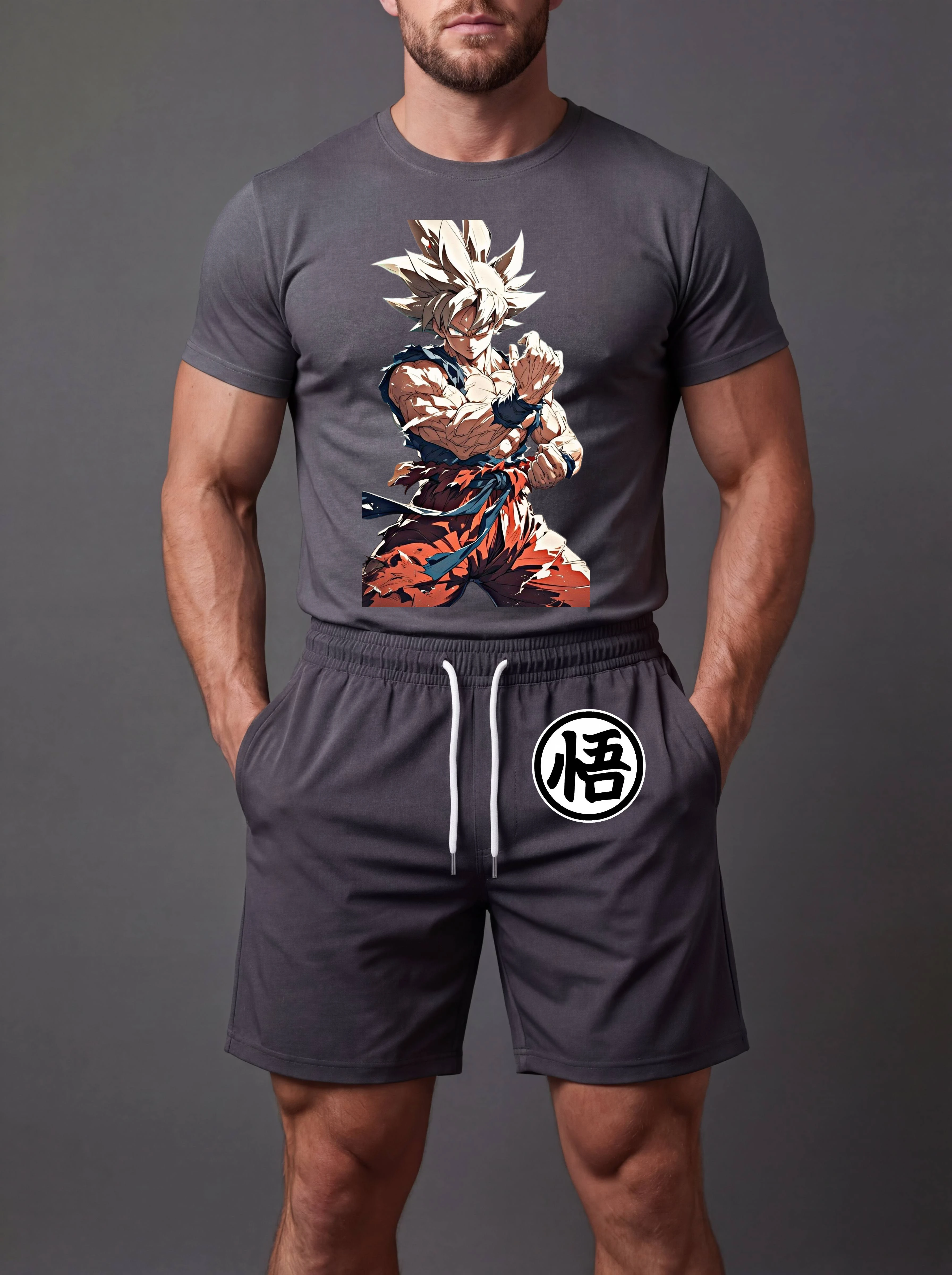 

2026 Summer Men's Dragon Ball Super Saiyan Son Goku White Hair Fist Pose Logo Printed T - Shirt Shorts Set Soft Breathable