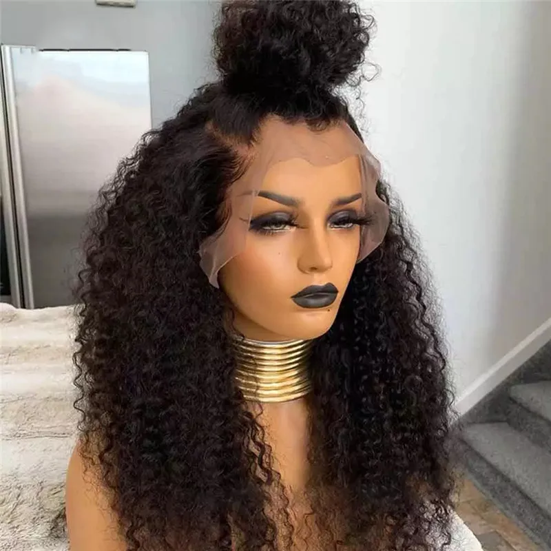 أسود غلويليس لينة طويلة 26 بوصة 180 الكثافة غريب مجعد الدانتيل الجبهة الباروكات للنساء Babyhair PrePlucked اليومية الاصطناعية