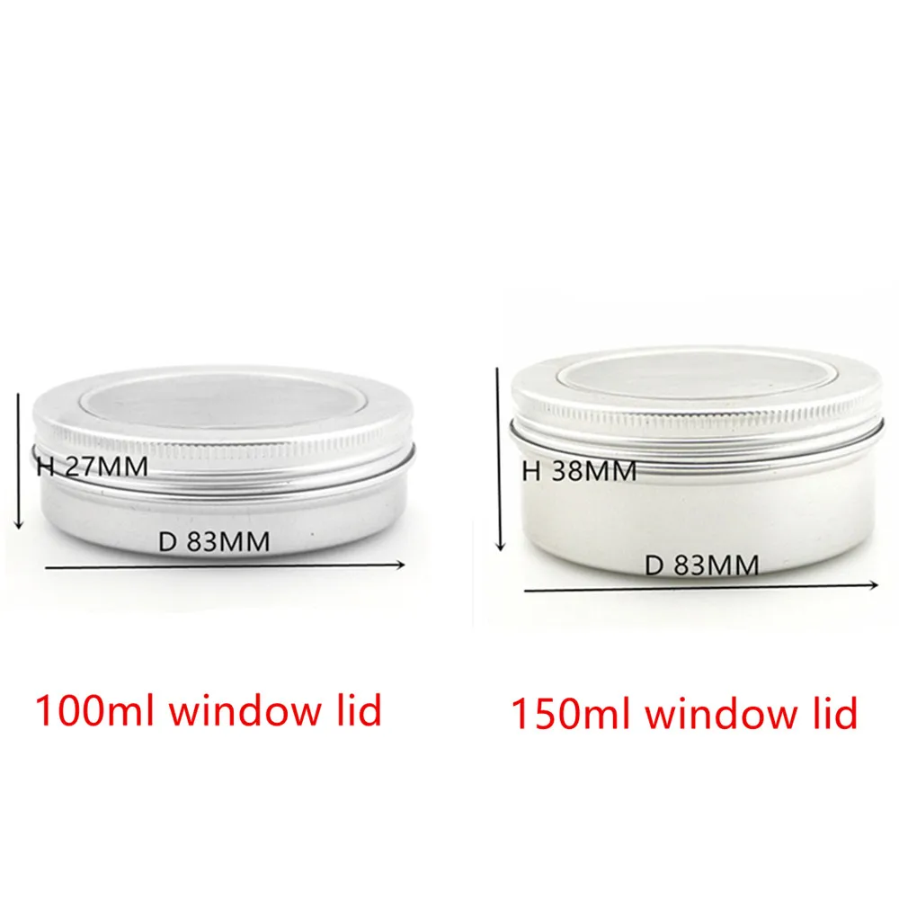 100ml/g 120g/ml 150g 200g /ml 250g/ml Aluminium Tins pot,case containers with screw thread window lid  for Lip Balm Gloss Candle