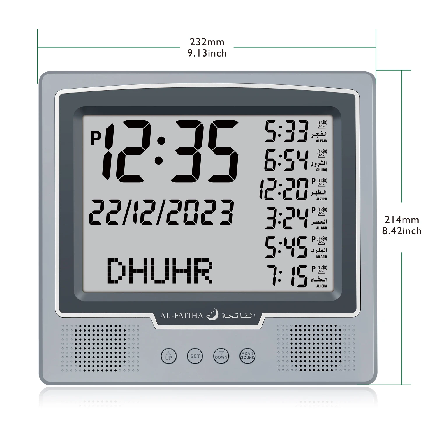 AL-FATIHA Reloj musulmán Azan Reloj digital con tiempos de oración completos Calendario Hijri Tiempo de oración Athan Alarma Fajr Decoración de mezquita