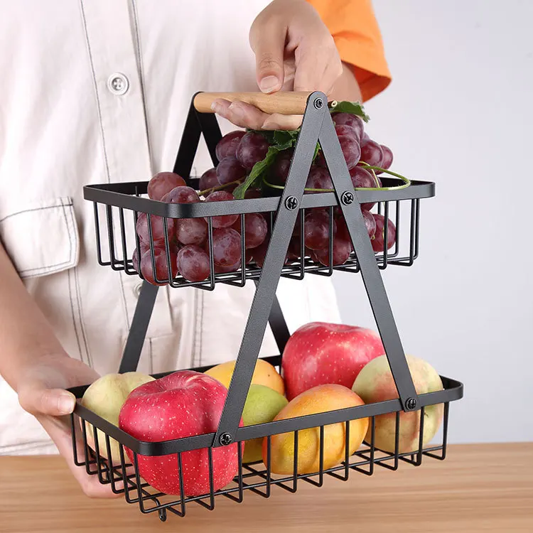 

Dismantling Double Layer Wooden Handle Portable Iron Water Fruit Basket Kitchen Storage Basket Storage Rack Basket